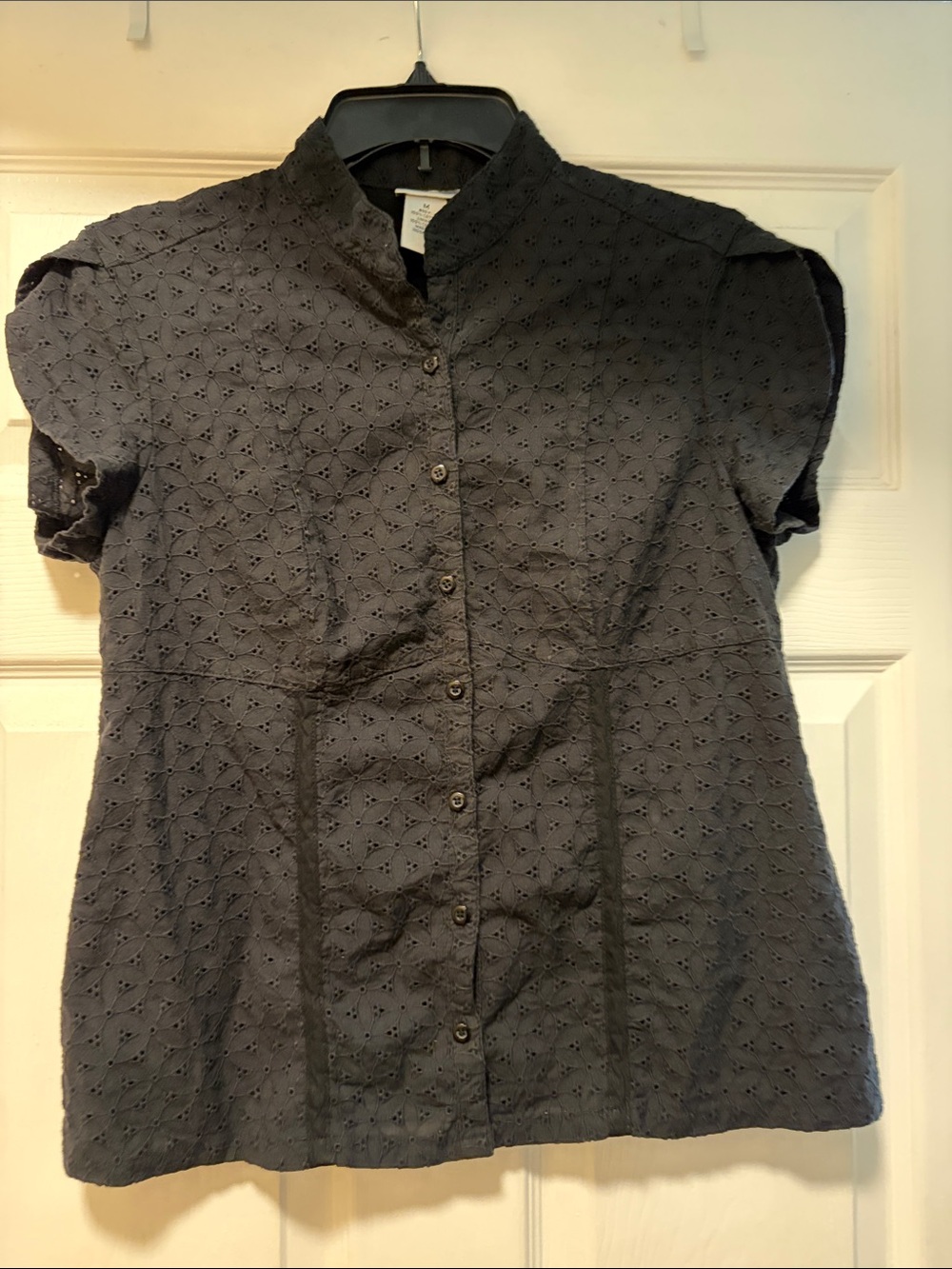 Kim Rogers Black Eyelet Short Sleeve Button-Down Shirt